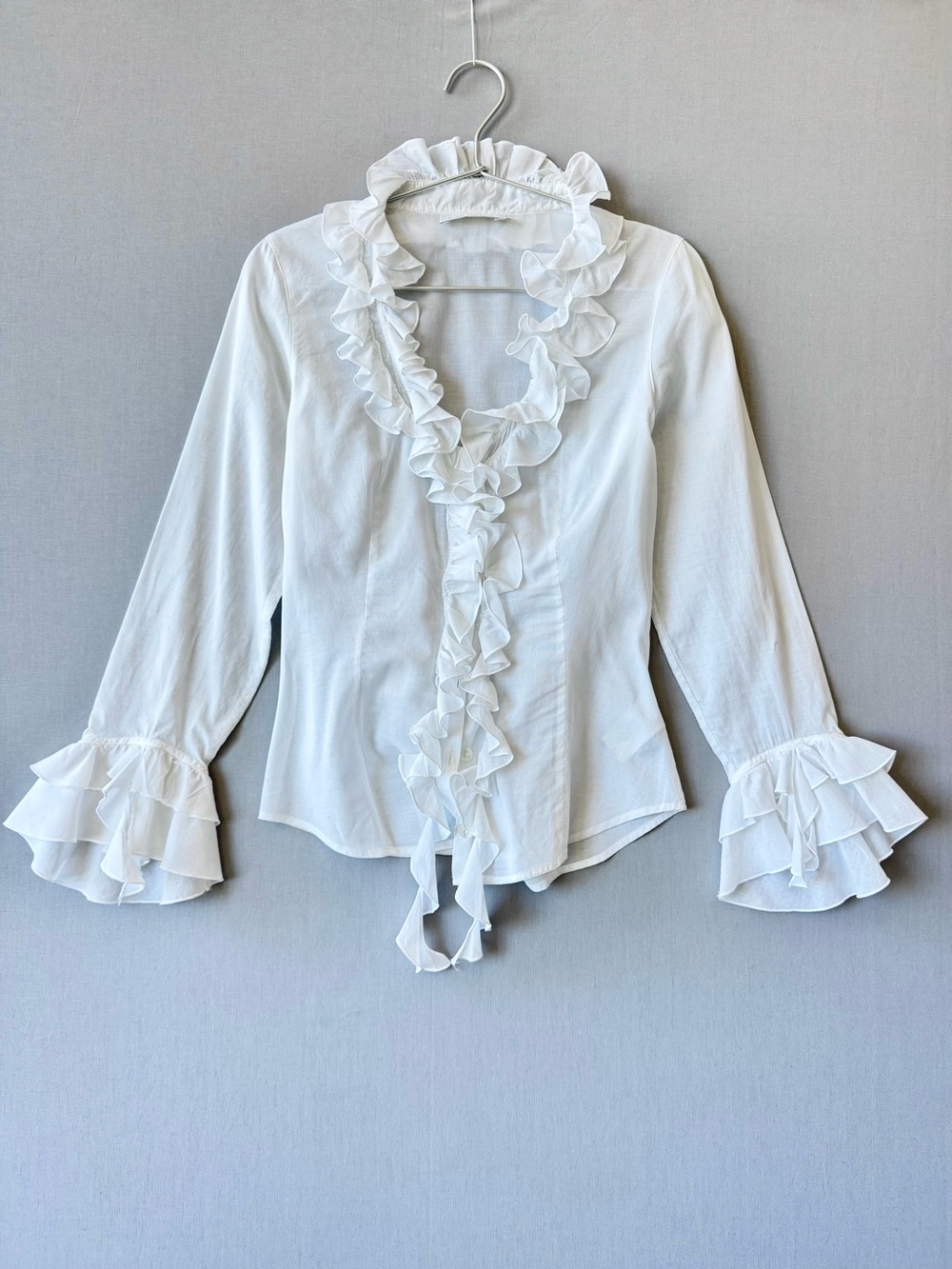 Anne Fontaine White Ruffle-Front Button Up Blouse in a Sheer Pima Cotton - 36FR